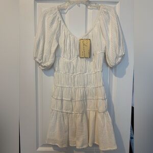 Vintage Cream Puff-Sleeve Smocked Mini Dress